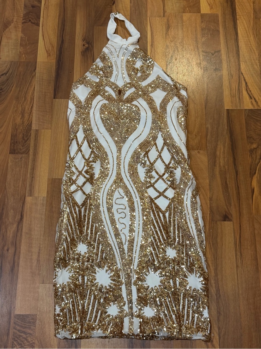Fashion Nova White Halter Dress with Gold Sequin Design